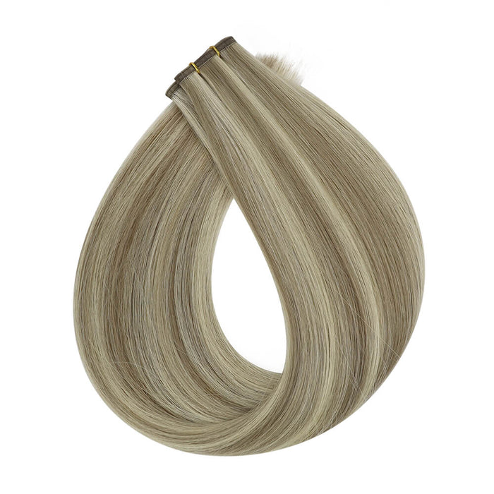 [New] Flat Silk Weft Hair Extensions 100% Virgin Human Hair with Blonde Highlights #P8/60